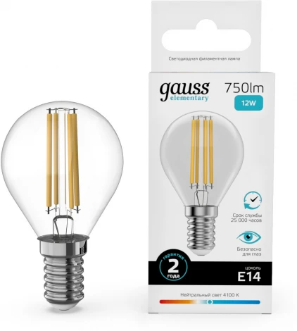 Лампочка светодиодная филаментная Gauss Filament Elementary 52122 Шар 12W 750lm 4100К Е14