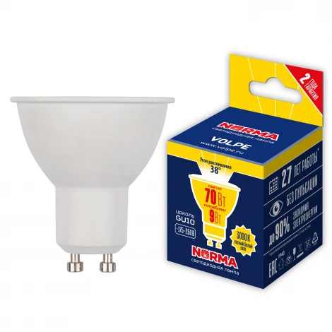 Лампа светодиодная, форма "JCDR", матовая, теплый белый свет 3000K Volpe Norma LED-JCDR-9W/3000K/GU10/38D/NR