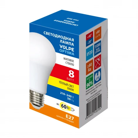 Лампа светодиодная матовая, теплый белый свет 3000K Volpe Optima LED-A60-8W/3000K/E27/FR/SLS