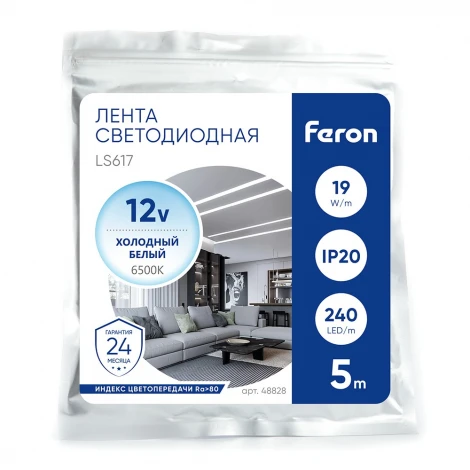 Светодиодная LED лента 240SMD(2835)/м 19Вт/м 12V 6500К Feron LS617 48828