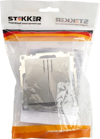 Выключатель двухклавишный с подсветкой (серебро) Stekker Катрин 39579