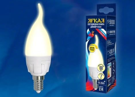 Лампочка светодиодная свеча на ветру белая E14 7W 3000K Uniel LED-CW37 7W/3000K/E14/FR/DIM PLP01WH