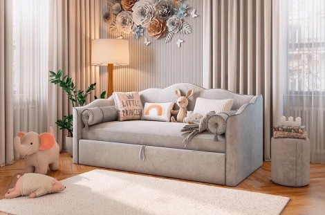 Кровать с подъемным механизмом Лея (Софа) 90х200 см Mebelson (ДСП,ЛДСП,Велюр/Серый,Графит) арт.KM.S-18.2350