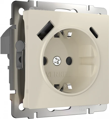 Розетка с заземлением, шторками и USB тип A+C (слоновая кость) Werkel W1171703 (a056273)