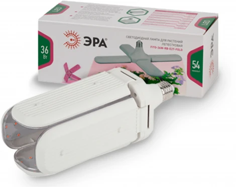 Фитолампа для растений светодиодная ЗРА FITO-36W-RB-E27-FOLD 4-х лепестковая красно-синего спектра 36 Вт ЭРА