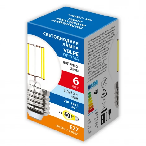 Лампочка светодиодная филаментная Volpe LED-G45-SLF LED-G45-6W/4000K/E27/CL/SLF