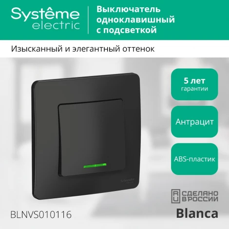 Выключатель встраиваемый одноклавишный с подсветкой (антрацит) Systeme Electric Blanca BLNVS010116