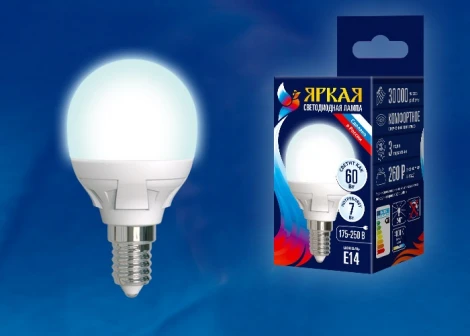 Лампочка светодиодная груша белая E14 7W 4000K Uniel LED-G45 7W/NW/E14/FR PLP01WH