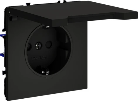 Розетка с заземлением, шторками и крышкой (черный матовый) Voltum S70 VLS040308