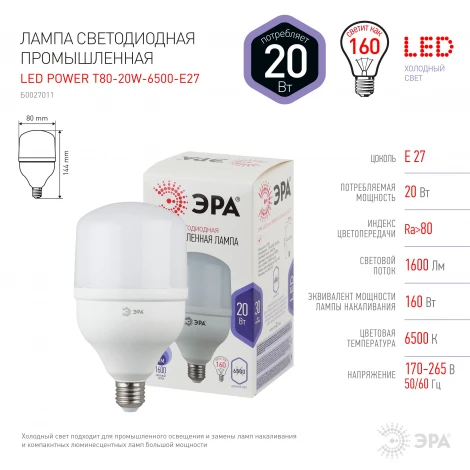 Лампочка светодиодная E27 20W ЭРА LED POWER T80-20W-6500-E27