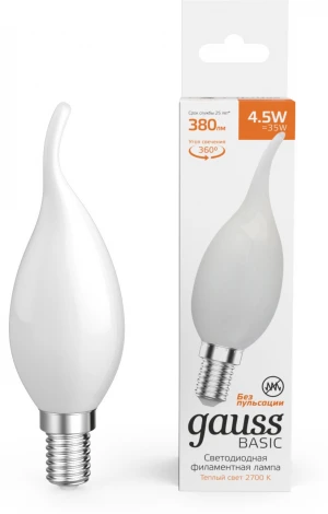 Лампочка светодиодная филаментная Gauss Filament 1045115 Свеча на ветру 4,5W 380lm 2700К Е14 milky LED