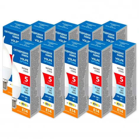 Лампа светодиодная Volpe Optima LED-CW37-5W/4000K/E14/FR/SLS Набор из 10штук свеча на ветру матовая белый свет 4000K