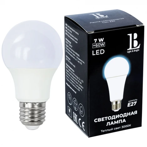 Лампочка светодиодная груша белая E27 7W 220V 600 lm 3000K теплый белый свет L&B E27-7W-3000K-A60_lb