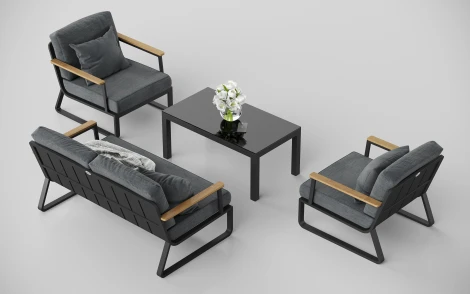 Комплект садовой мебели Gardenini Premium Voglie (Алюминий,Тик,Ткань,Закаленное стекло/Темно-серый,Черный) арт.LPVGL.010800.S2
