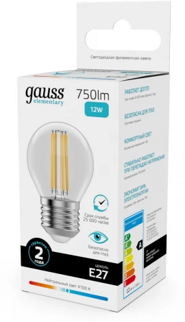 Лампочка светодиодная филаментная Gauss Filament Elementary 52222 Шар 12W 750lm 4100К Е27 LED
