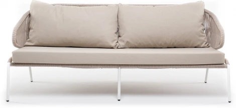 "Милан" диван 3-местный плетеный из роупа, каркас алюминий белый муар, роуп бежевый круглый, ткань бежевая 052 4SIS арт.УТ-00004929