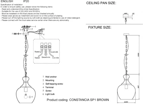 Подвесной светильник Crystal Lux Constancia SP1 BROWN (220V, на цепи)