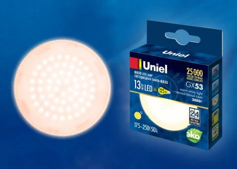 Лампочка светодиодная таблетка белая GX53 13W 3000K Uniel LED-GX53-13W/WW/GX53/FR PLZ01WH