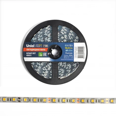 Светодиодная лента Uniel ULS-M25-5050-60LED/m-10mm-IP20-DC12V-14,4W/m-5M-4000K PROFI катушка в герметичной упаковке