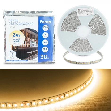 Светодиодная LED лента 180SMD(2835)/м 16Вт/м 24V 3000К 30м IP20 Feron LS502 53089