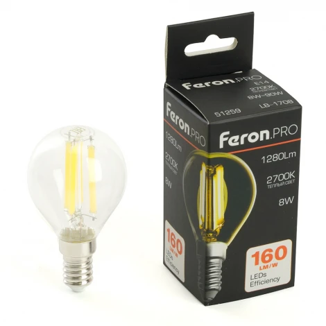 Лампа светодиодная филамент G45 шар 8W 175-265V E14 2700К Feron LB-1708 51259