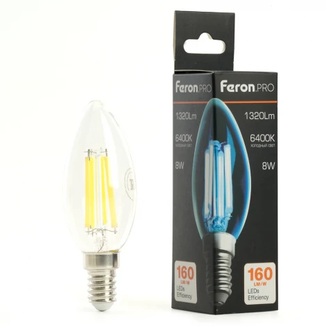 Лампа светодиодная филамент C35 свеча 8W 175-265V E14 6400К Feron LB-1208 51249
