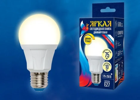 Лампочка светодиодная шар белая E27 10W 3000K Uniel LED-A60 10W/3000K/E27/FR/DIM PLP01WH
