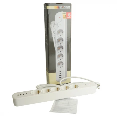 Сетевой фильтр 5-и местный с заземлением 2хUSB Type-A + 2хUSB Type-С 5 метров (белый) Stekker Nova 50104