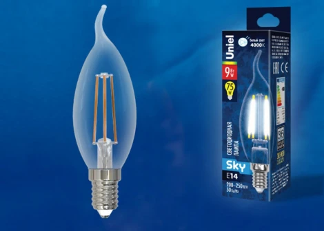 Лампочка светодиодная свеча на ветру прозрачная E14 9W 4000K Uniel LED-CW35-9W/4000K/E14/CL PLS02WH