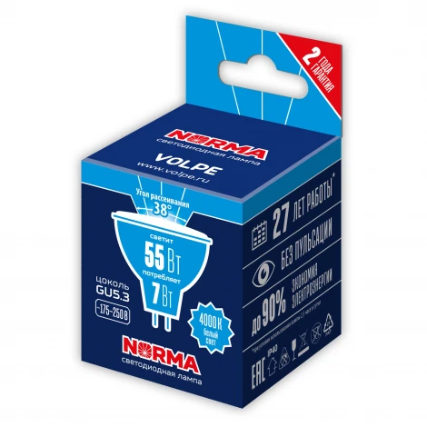 Лампа светодиодная, форма "JCDR", матовая, белый свет 4000K Volpe Norma LED-JCDR-7W/4000K/GU5.3/38D/NR
