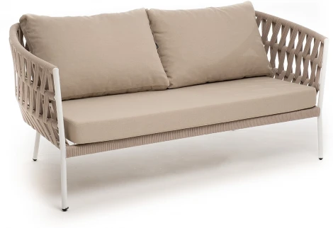 "Диего" диван 2-местный плетеный из роупа, каркас алюминий белый муар, роуп бежевый круглый, ткань бежевая 035 4SIS арт.УТ-00006212