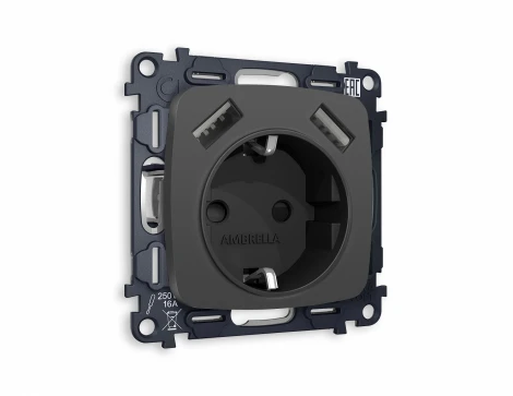 Комплект механизма Ambrella Volt электрической розетки OMEGA MO909010 Графит мягкое касание 2USB A+A 18W быстрая зарядка с заземлением и шторками 2P+E 16A-250 QUANT