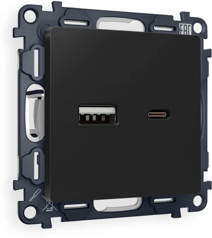 Комплект механизма Ambrella Volt розетки ALFA MA811010 Черный матовый 2USB A+C 20W быстрая зарядка QUANT