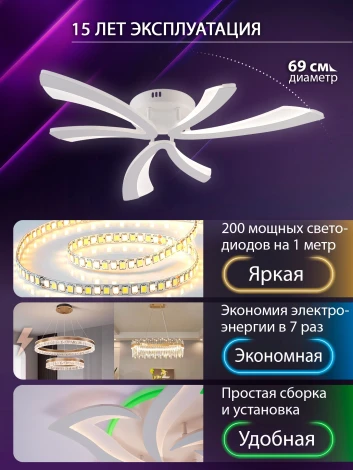 Потолочная люстра светодиодная с пультом ДУ 48W, белый, LED Natali Kovaltseva Vio LED LAMPS 81453 (регулировка яркости, 220V)