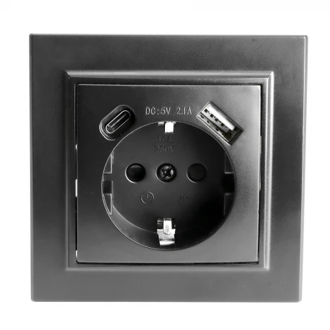 Розетка с заземлением и USB Type A+С (черный) Stekker Эрна 50078