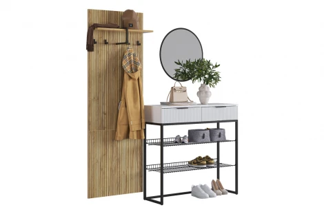 Прихожая "Мебельсон К2" (1552х335х1750) Mebelson (ЛДСП,Пластик,Металл,Зеркало,МДФ/Дуб крафт золотой,Светлое дерево,Черный) арт.ПК0002Мебельсон.3529