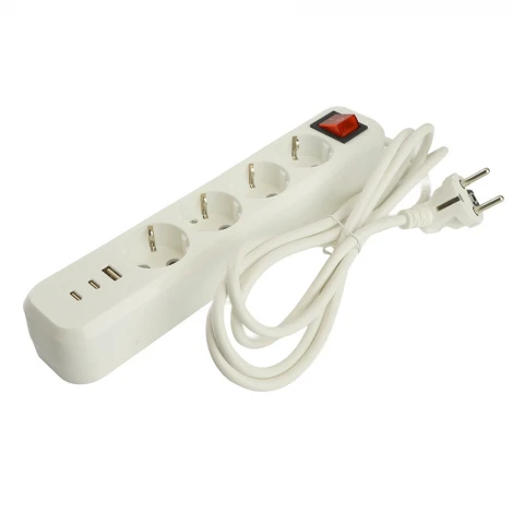 Удлинитель 4-х местный с заземлением USB Type-A + 2хUSB Type-С 2 метра (белый) Stekker Home 50139