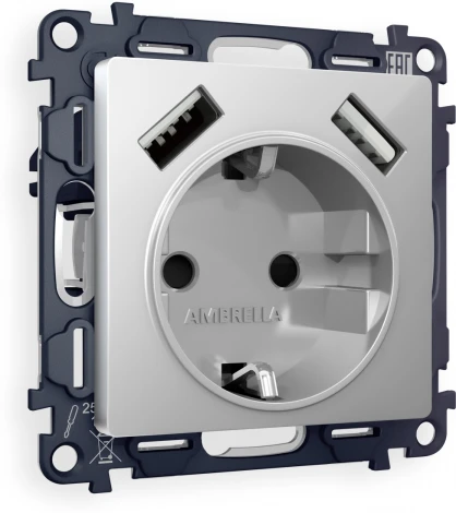 Комплект механизма Ambrella Volt электрической розетки ALFA MA409010 Серебро глянец 2USB A+A 18W быстрая зарядка с заземлением и шторками 2P+E 16A-250V QUANT