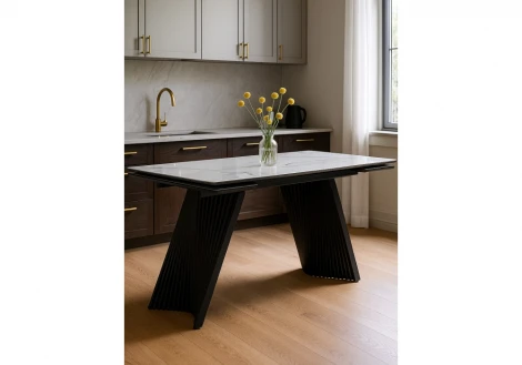 Кухонный стол Notta Вейв 140(200)х80 кристл белый мрамор / черный