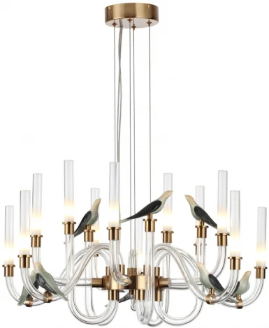 Подвесная люстра Odeon Light Lark 5431/30L золотой(под латунь)/белый градиент/беж./зеленый/ металл/стекло/керамика LED 30W 4000K (220V, на тросе, птички)