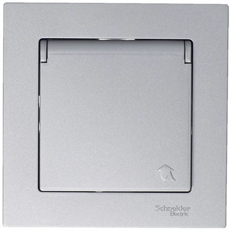 Розетка встраиваемая с заземлением, шторками и крышкой (алюминий) Systeme Electric AtlasDesign ATN000346