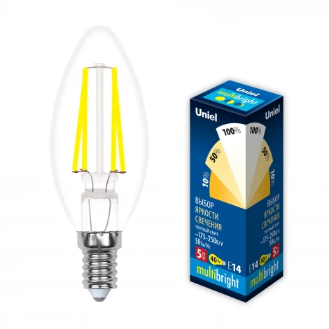 Лампочка светодиодная свеча прозрачная E14 5W 3000K Uniel LED-C35-5W/WW/E14/CL/MB GLM10TR