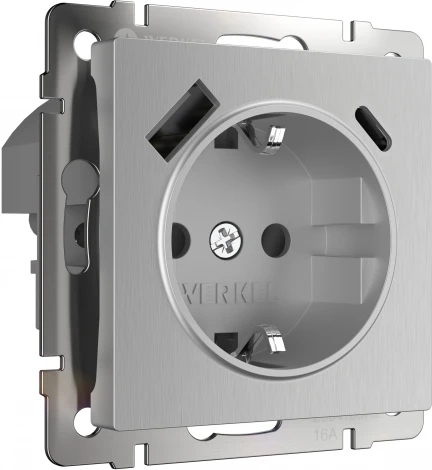 Розетка с заземлением, шторками и USB тип A+C (серебряный рифленый ) Werkel W1171709 (a056277)