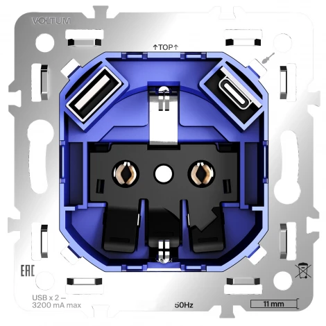 Механизм розетки с заземлением и защитными шторками 16А, с USB A+C Voltum S70 VLS0405M