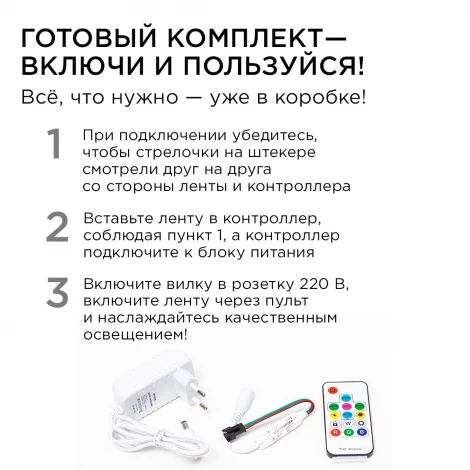 Комплект адресной светодиодной ленты 24В 14,4Вт/м SMD5050 60д/м IP20 ширина подложки 10мм(белая) 2м, RGB с аксессуарами Apeyron 10-91