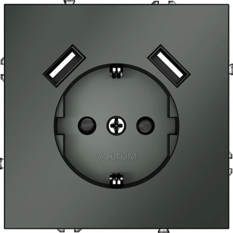 Розетка с заземлением, шторками и USBх2 (титан) Voltum S70 VLS040406