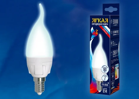 Лампочка светодиодная свеча на ветру прозрачная E14 7W 4000K Uniel LED-CW37 7W/NW/E14/FR PLP01WH