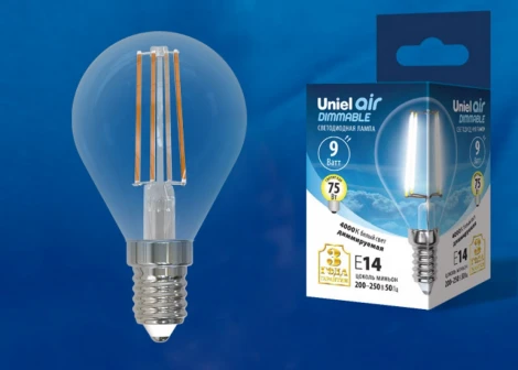 Лампочка светодиодная груша прозрачная E14 9W 4000K Uniel LED-G45-9W/4000K/E14/CL/DIM GLA01TR