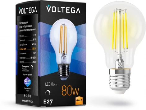 Лампочка светодиодная филаментная E27 8 Вт 740 lm 2800K теплое желтое свечение диммируемая Voltega Crystal 5489
