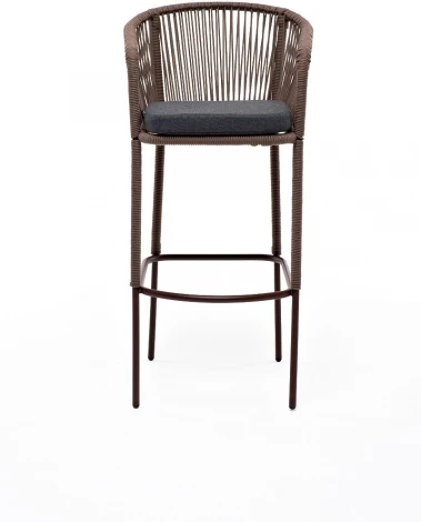 "Марсель" стул барный плетеный из роупа, каркас из стали коричневый (RAL8016) муар, роуп коричневый круглый, ткань темно-серая 027 4SIS арт.УТ-00007111